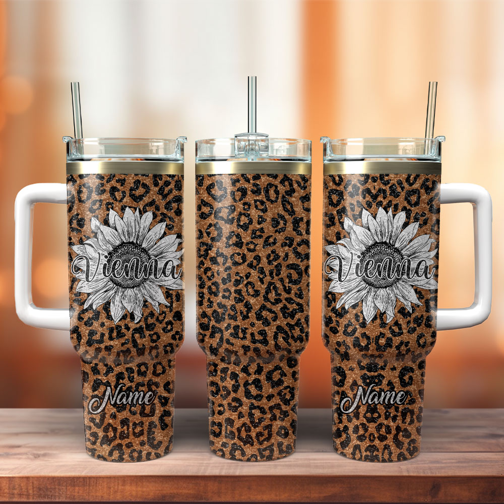 Flower And Leopard Artwork Custom Stanley Quencher 40oz Stainless Steel Tumbler With Handle