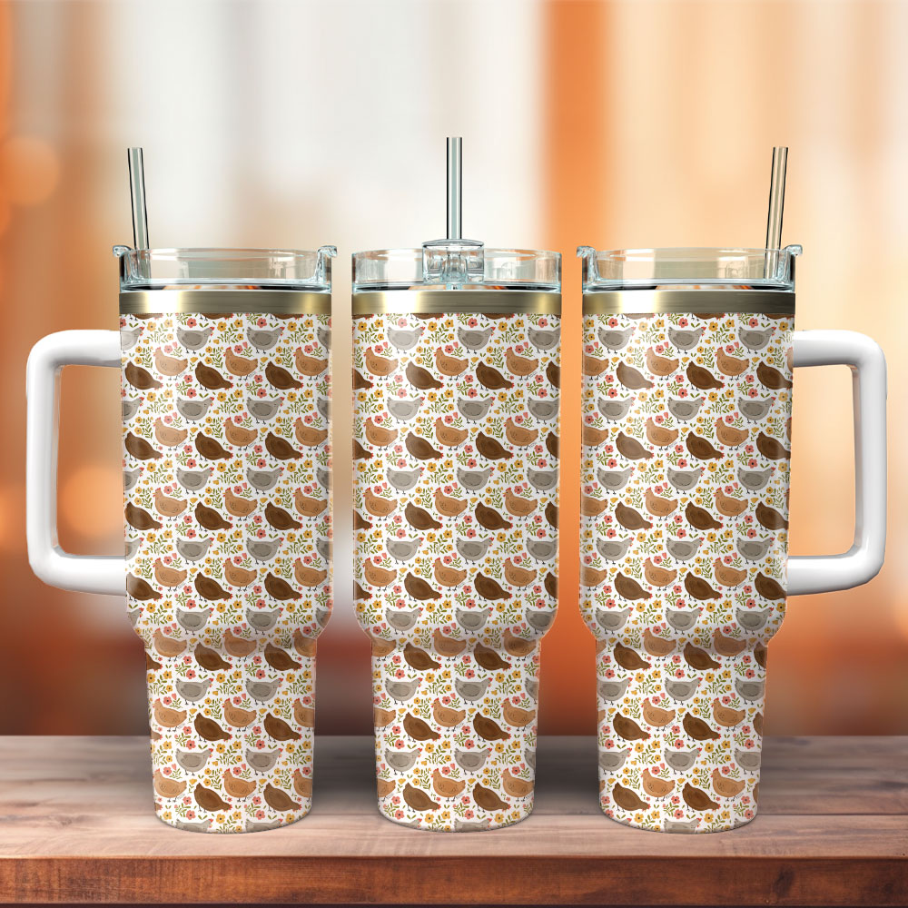 Flower Chicken Pattern Artwork Custom Stanley Quencher 40oz Stainless Steel Tumbler With Handle
