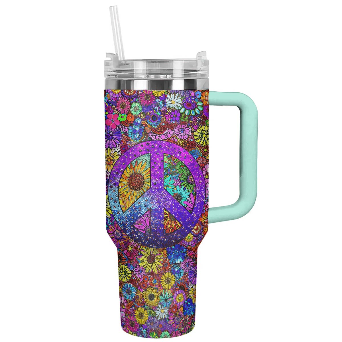 Flower Power Custom Stanley Quencher 40oz Stainless Steel Tumbler With Handle