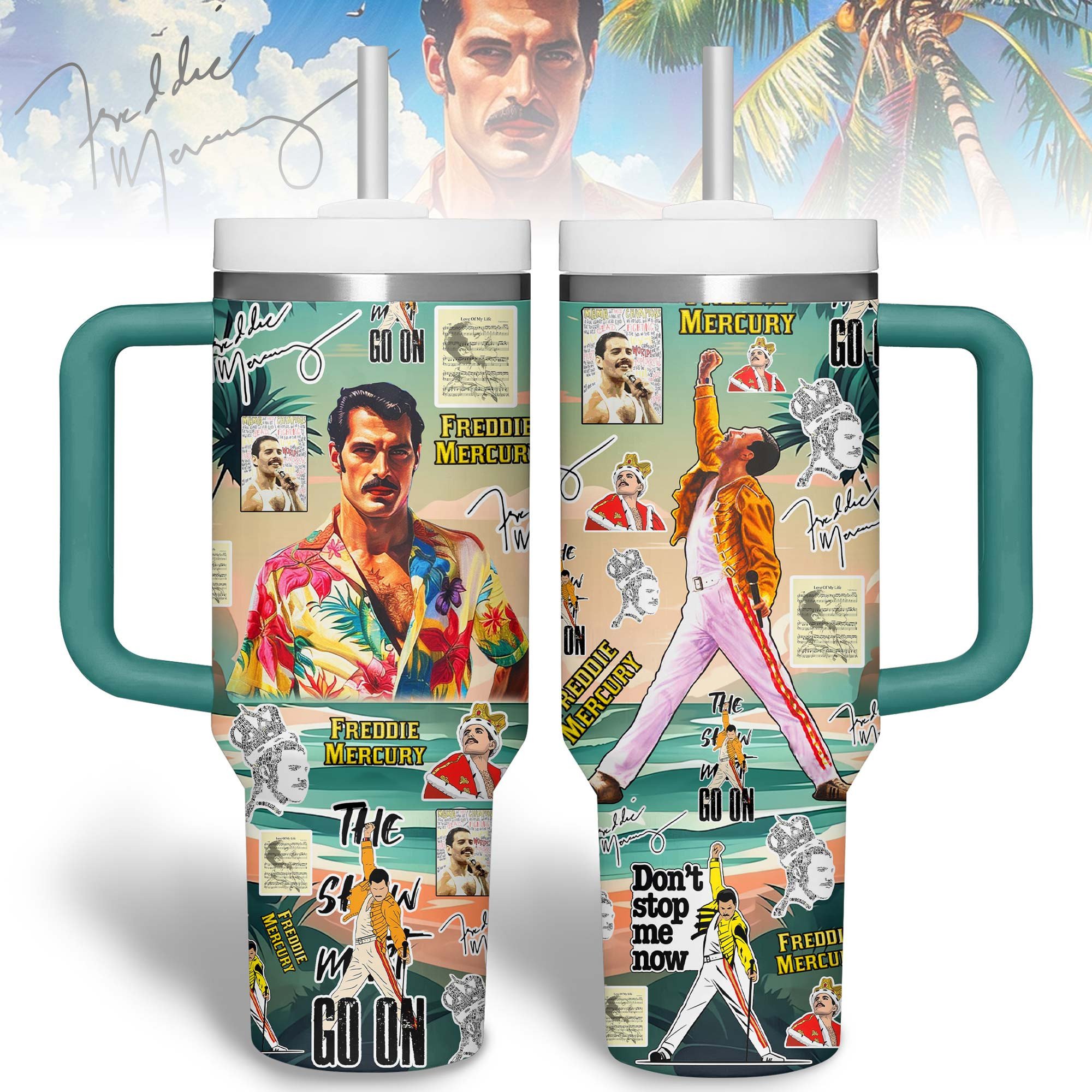 Freddie Mercury Music Custom Stanley Quencher 40oz Stainless Steel Tumbler With Handle