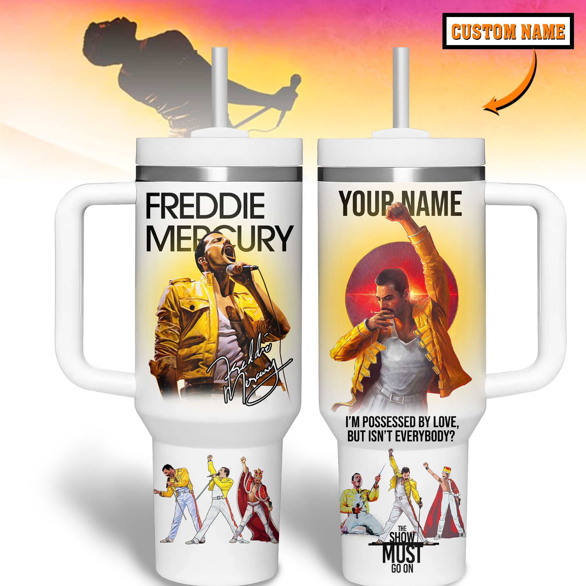 Freddie Mercury Music Custom Stanley Quencher 40oz Stainless Steel Tumbler With Handle
