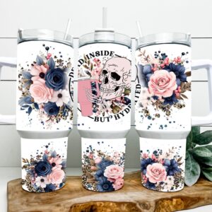 Funny Skeleton Floral Leopard Print Custom Stanley Quencher 40oz Stainless Steel Tumbler With Handle