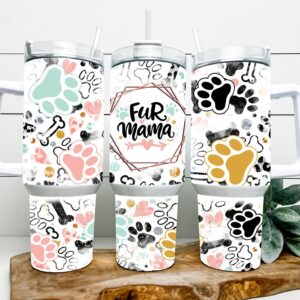 Fur Mama Colorful Pawprints Custom Stanley Quencher 40oz Stainless Steel Tumbler With Handle