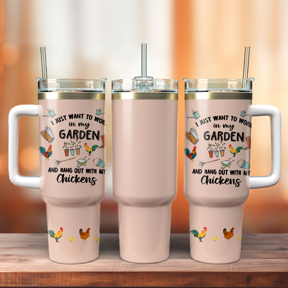 Garden Chicken Sketch Artwork Custom Stanley Quencher 40oz Stainless Steel Tumbler With Handle