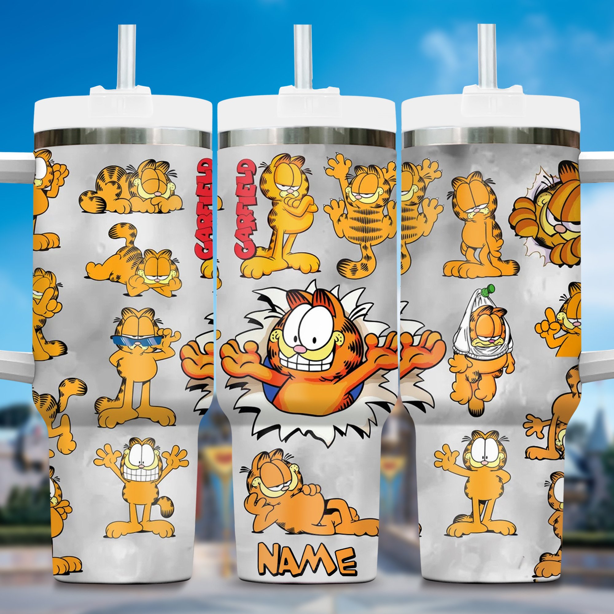 Garfield Cartoon Custom Stanley Quencher 40oz Stainless Steel Tumbler With Handle