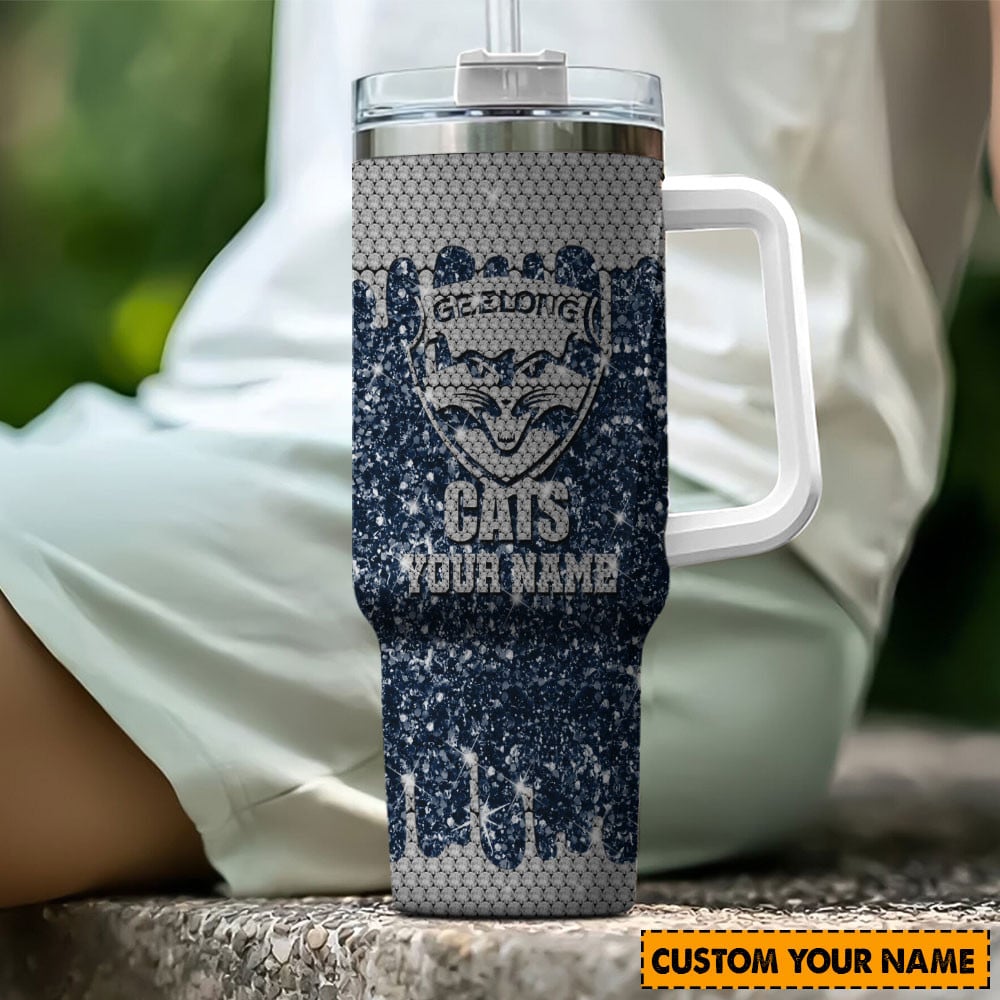 Geelong Cats AFL Glitter Custom Stanley Quencher 40oz Stainless Steel Tumbler With Handle