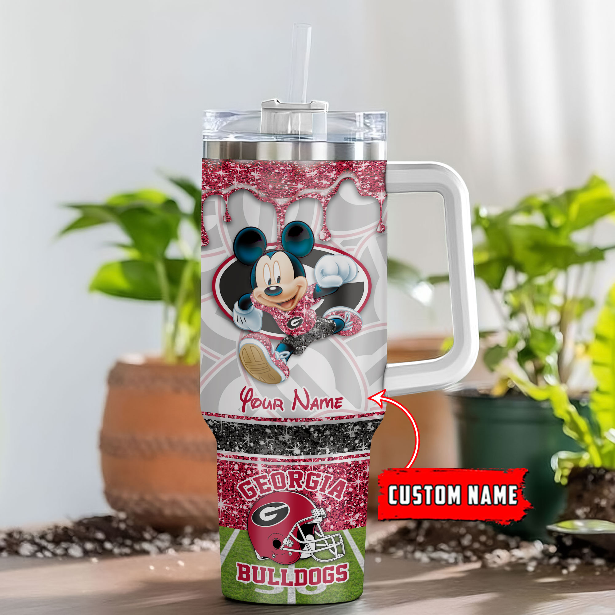 Georgia Bulldogs NCAA Mickey Mouse Glitter Custom Stanley Quencher 40oz Stainless Steel Tumbler With Handle