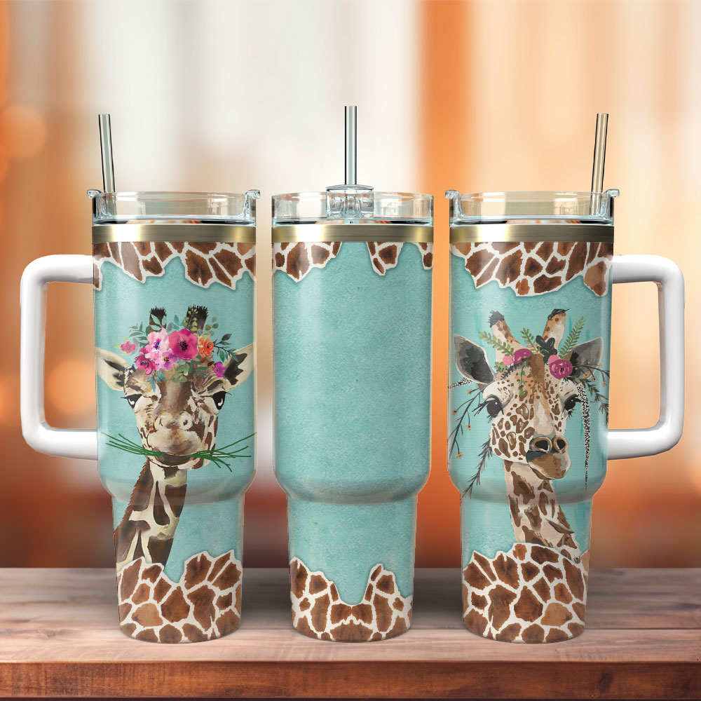Giraffe And Flowers Custom Stanley Quencher 40oz Stainless Steel Tumbler With Handle