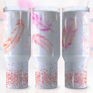 Glitter Feather Custom Stanley Quencher 40oz Stainless Steel Tumbler With Handle