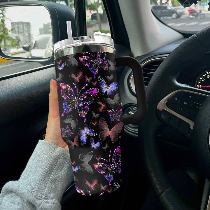 Glowing Butterfly Custom Stanley Quencher 40oz Stainless Steel Tumbler With Handle