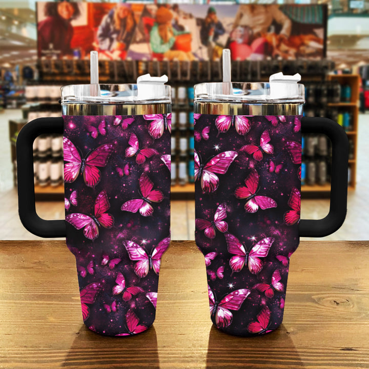 Glowing Pink Butterfly Custom Stanley Quencher 40oz Stainless Steel Tumbler With Handle