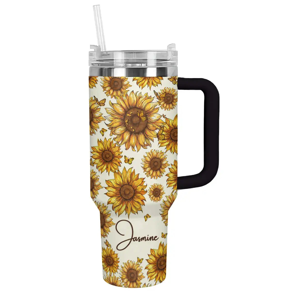 Glowing Sunflower Custom Stanley Quencher 40oz Stainless Steel Tumbler With Handle