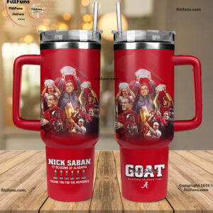 GOAT Nick Saban 17 Seasons At Alabama Tribute NCAA Custom Stanley Quencher 40oz Stainless Steel Tumbler With Handle