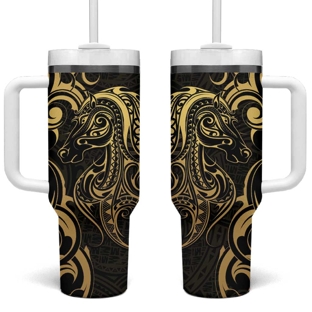 Gold And Black Aoteara Horse Racing NZ Maori Custom Stanley Quencher 40oz Stainless Steel Tumbler With Handle