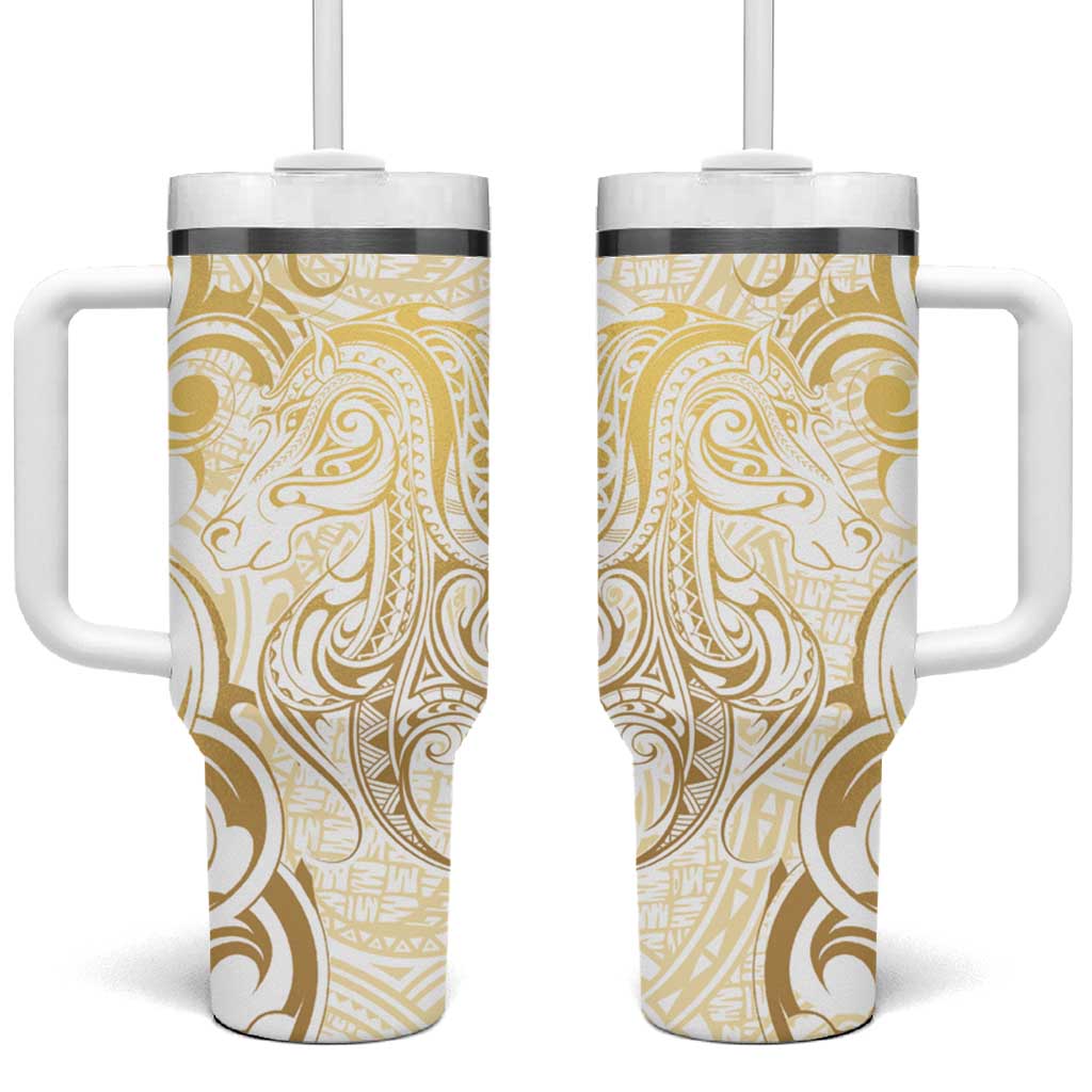 Gold And White Aoteara Horse Racing NZ Maori Custom Stanley Quencher 40oz Stainless Steel Tumbler With Handle
