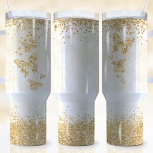 Gold Butterfly Custom Stanley Quencher 40oz Stainless Steel Tumbler With Handle