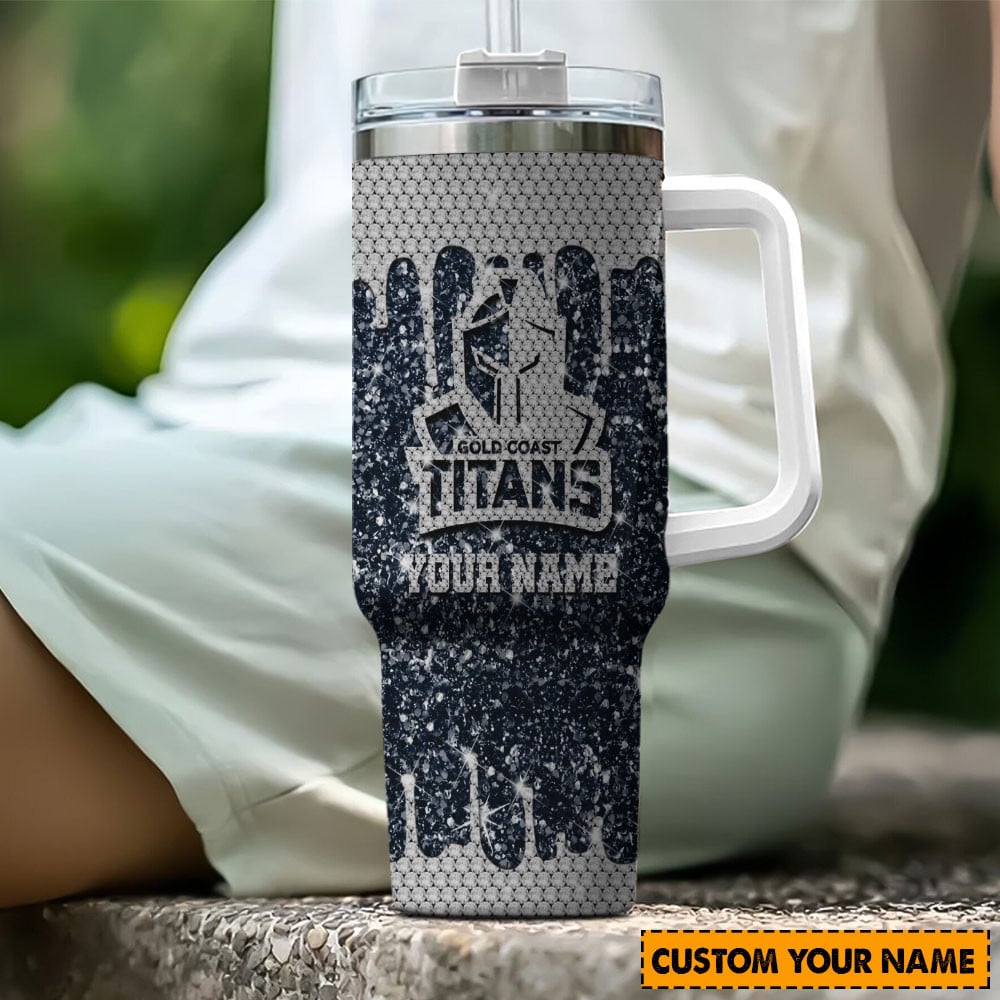 Gold Coast Titans NRL Glitter Custom Stanley Quencher 40oz Stainless Steel Tumbler With Handle