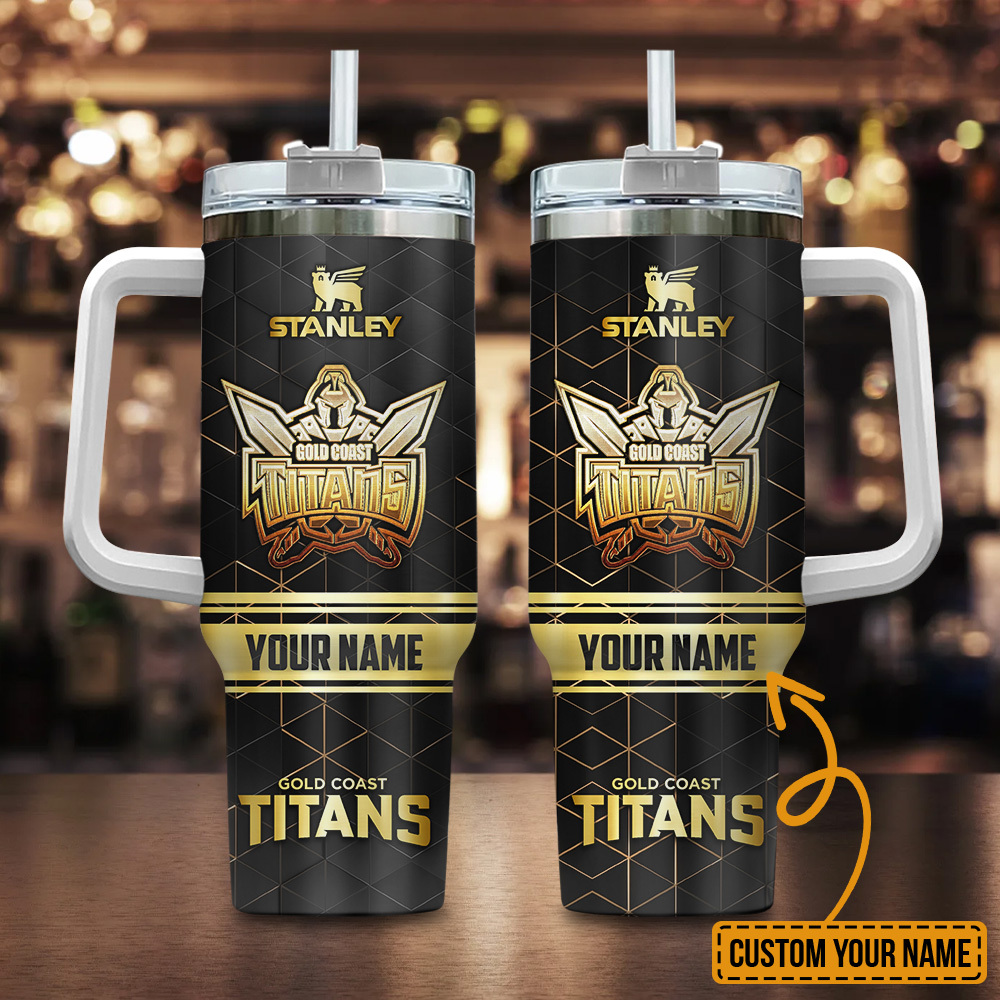 Gold Coast Titans NRL Golden Logo Custom Stanley Quencher 40oz Stainless Steel Tumbler With Handle