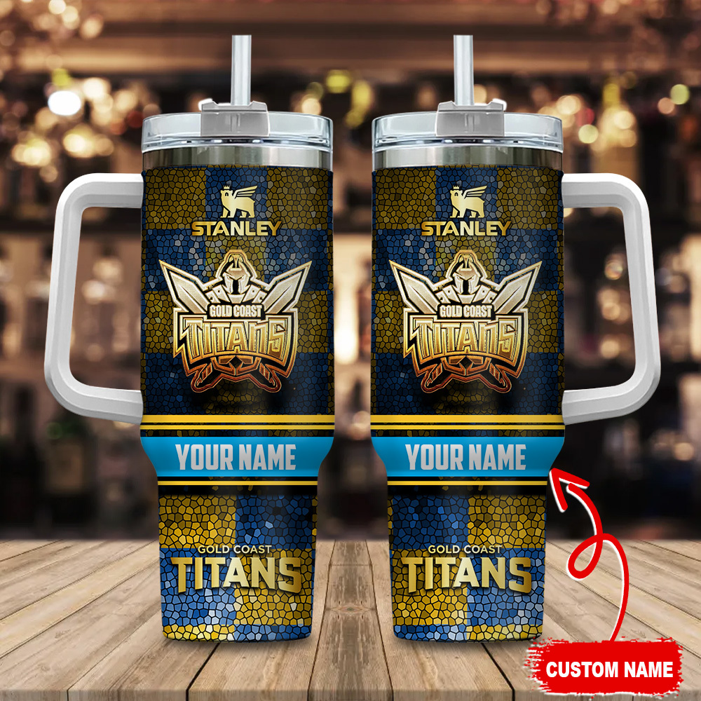 Gold Coast Titans NRL Golden Logo Stained Glass Effect Custom Stanley Quencher 40oz Stainless Steel Tumbler With Handle
