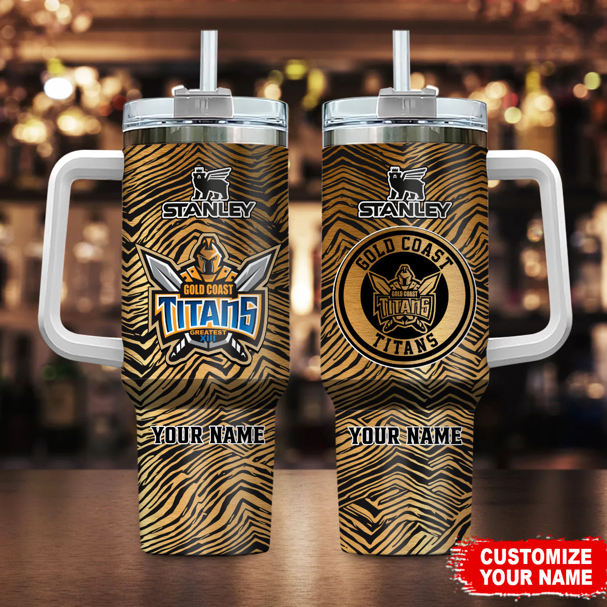 Gold Coast Titans NRL Zubaz Print Custom Stanley Quencher 40oz Stainless Steel Tumbler With Handle