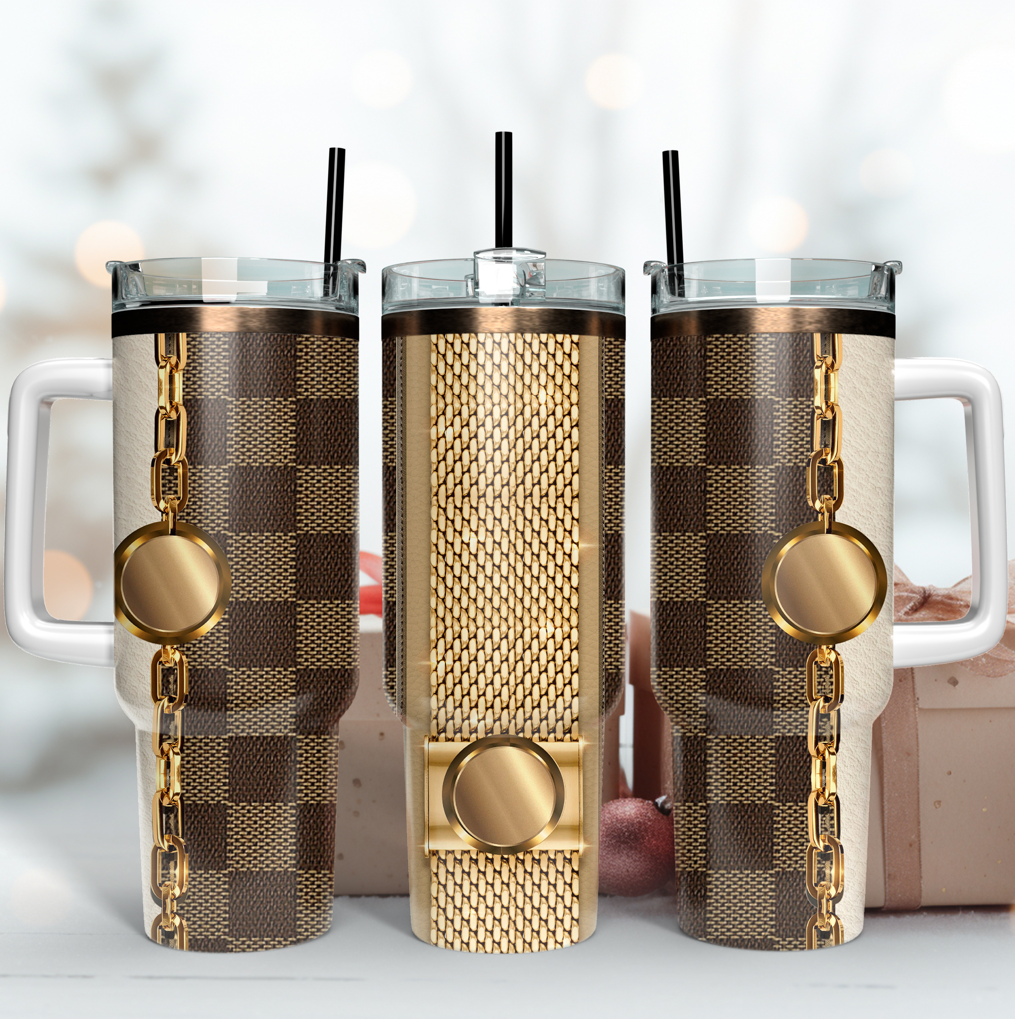 Golden Gucci Custom Stanley Quencher 40oz Stainless Steel Tumbler With Handle
