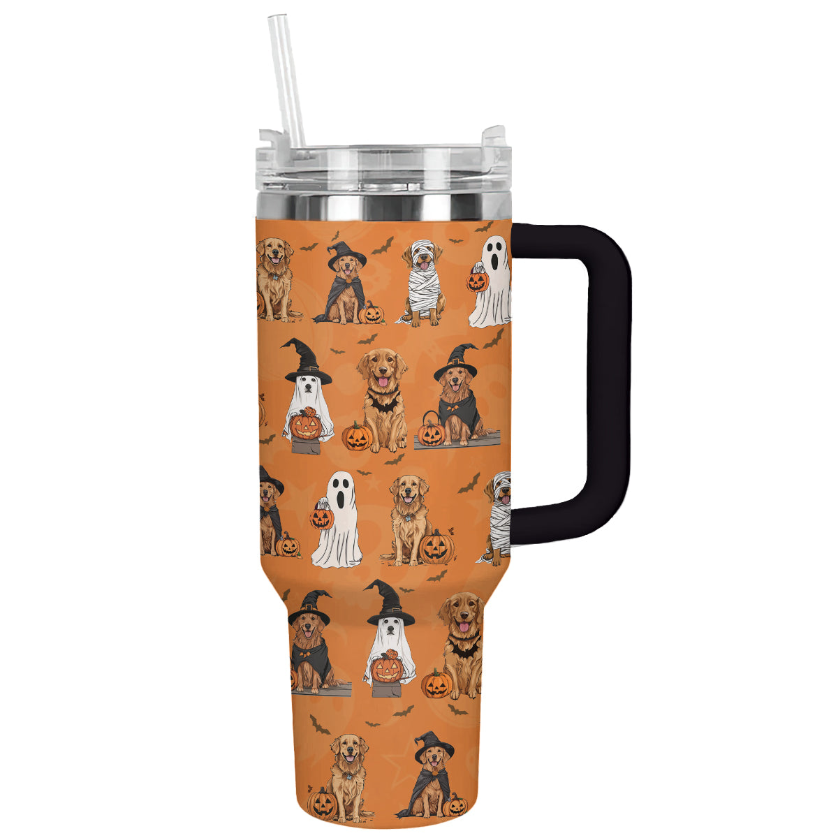 Golden Retriever At Halloween Festival Custom Stanley Quencher 40oz Stainless Steel Tumbler With Handle