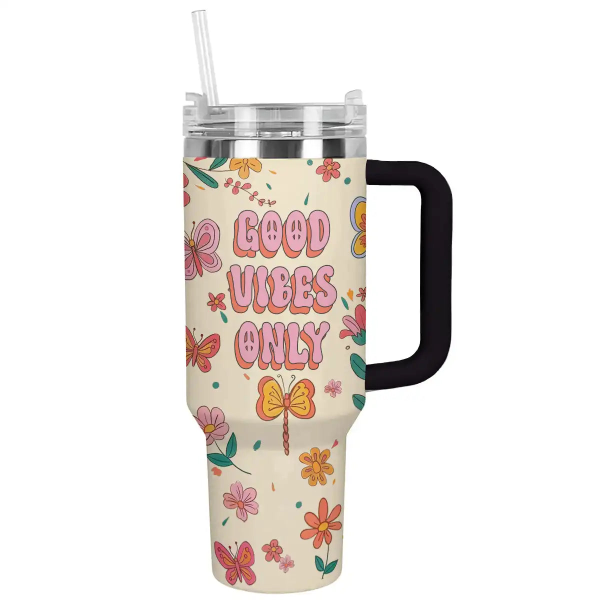 Good Vibes Only Custom Stanley Quencher 40oz Stainless Steel Tumbler With Handle