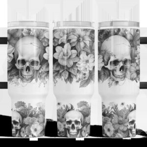 Gothic Black and White Floral Skulls Custom Stanley Quencher 40oz Stainless Steel Tumbler With Handle