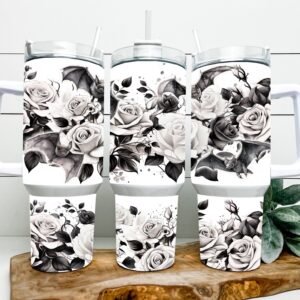 Gothic Black and White Roses Custom Stanley Quencher 40oz Stainless Steel Tumbler With Handle