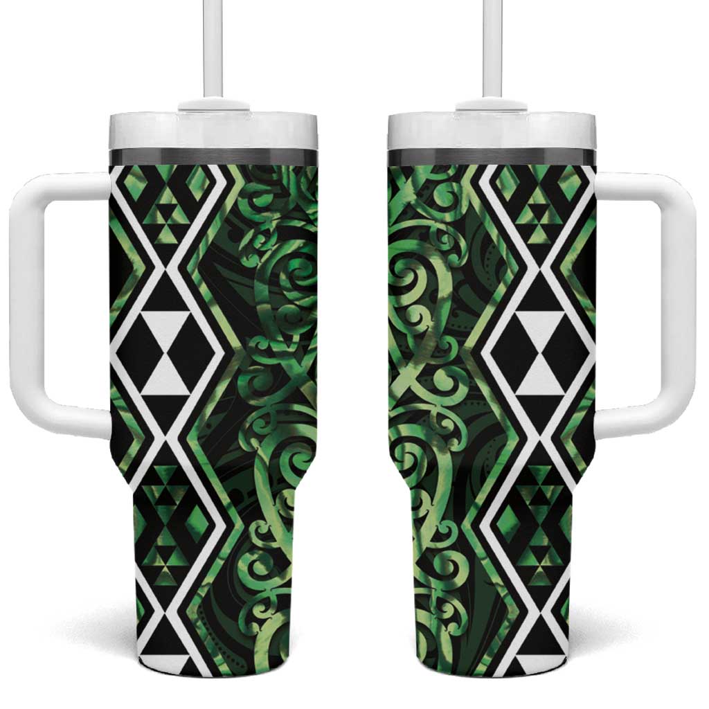 Green Aotearoa Taniko Motifs With Paua Shell Kowhaiwhai Custom Stanley Quencher 40oz Stainless Steel Tumbler With Handle