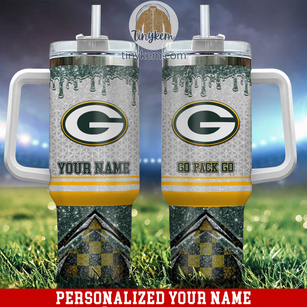 Green Bay Packers Glitter NFL Custom Stanley Quencher 40oz Stainless Steel Tumbler With Handle