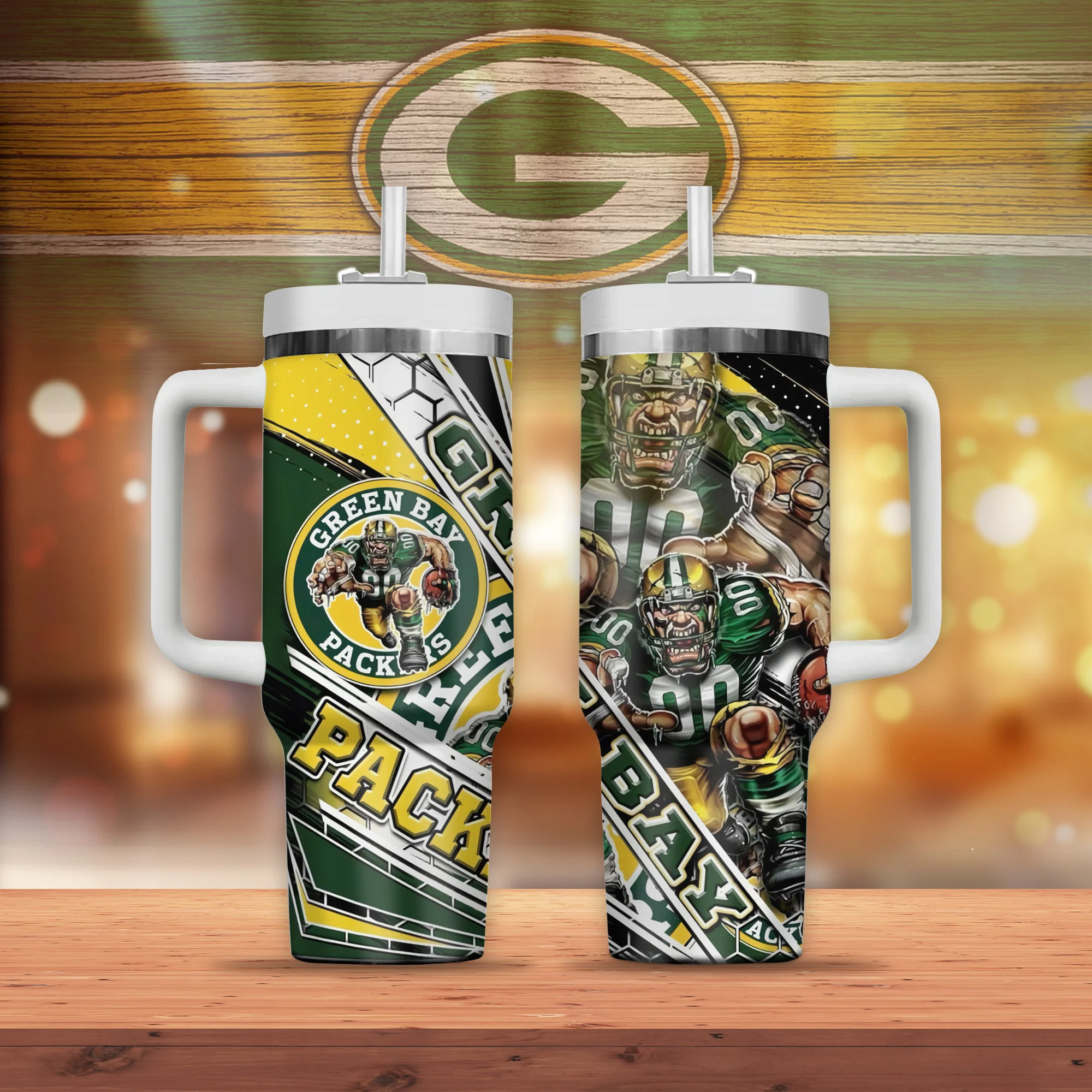 Green Bay Packers Mascot NFL Custom Stanley Quencher 40oz Stainless Steel Tumbler With Handle
