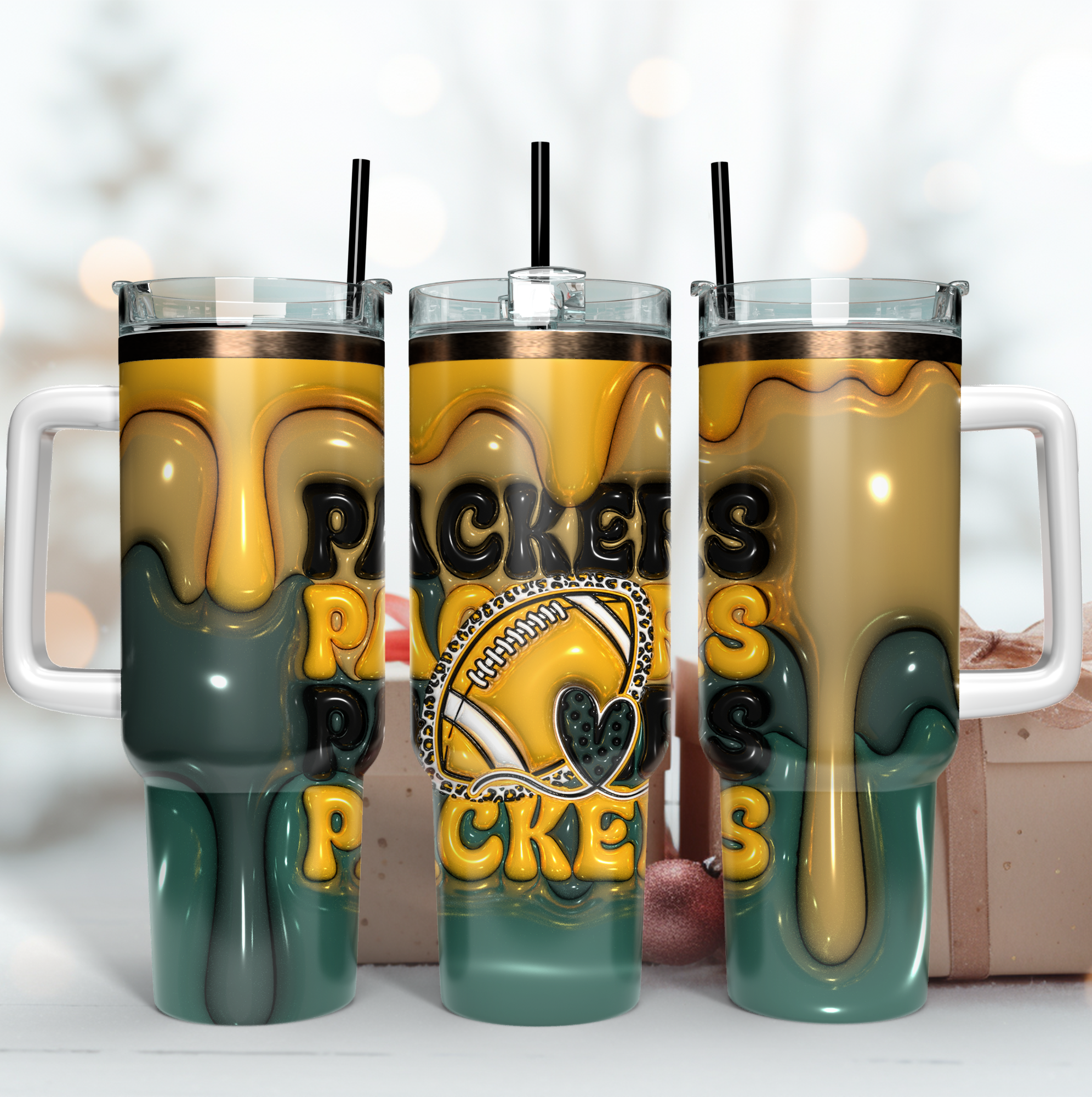 Green Bay Packers NFL 3D Inflated Puff Effect Custom Stanley Quencher 40oz Stainless Steel Tumbler With Handle