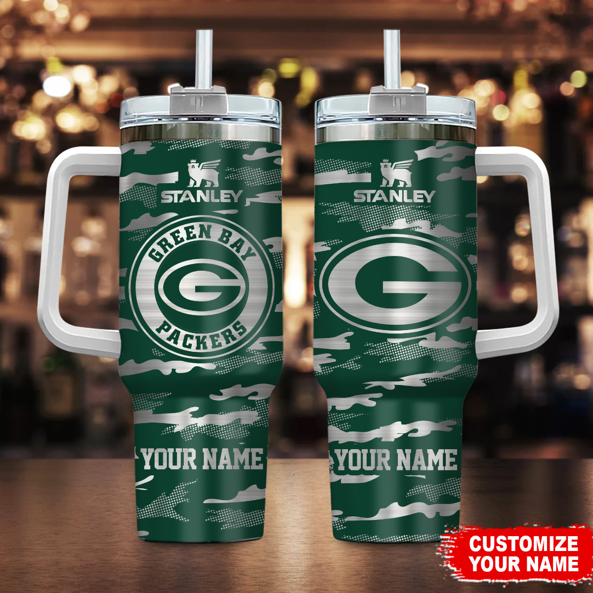 Green Bay Packers NFL Camo Pattern Custom Stanley Quencher 40oz Stainless Steel Tumbler With Handle