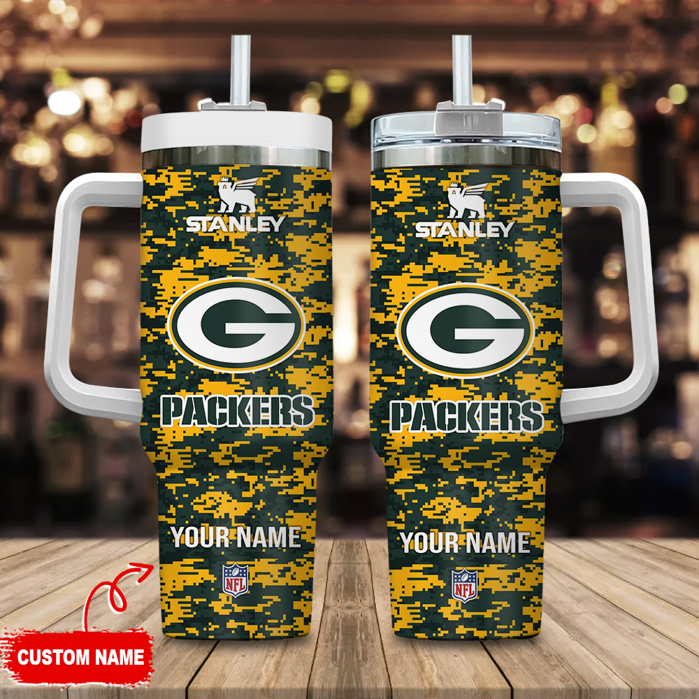 Green Bay Packers NFL Camouflage Custom Stanley Quencher 40oz Stainless Steel Tumbler With Handle