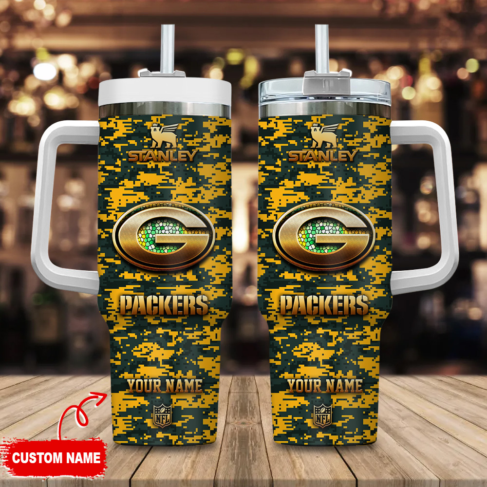 Green Bay Packers NFL Camouflage Golden Logo Custom Stanley Quencher 40oz Stainless Steel Tumbler With Handle