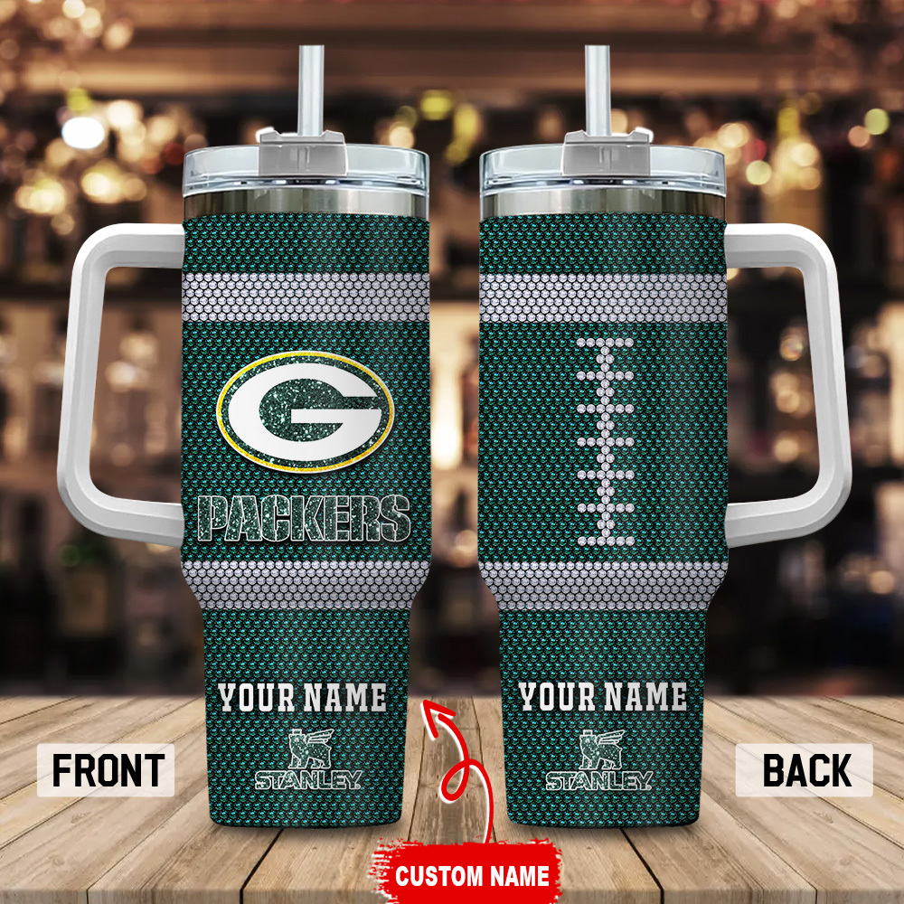 Green Bay Packers NFL Crystal Custom Stanley Quencher 40oz Stainless Steel Tumbler With Handle