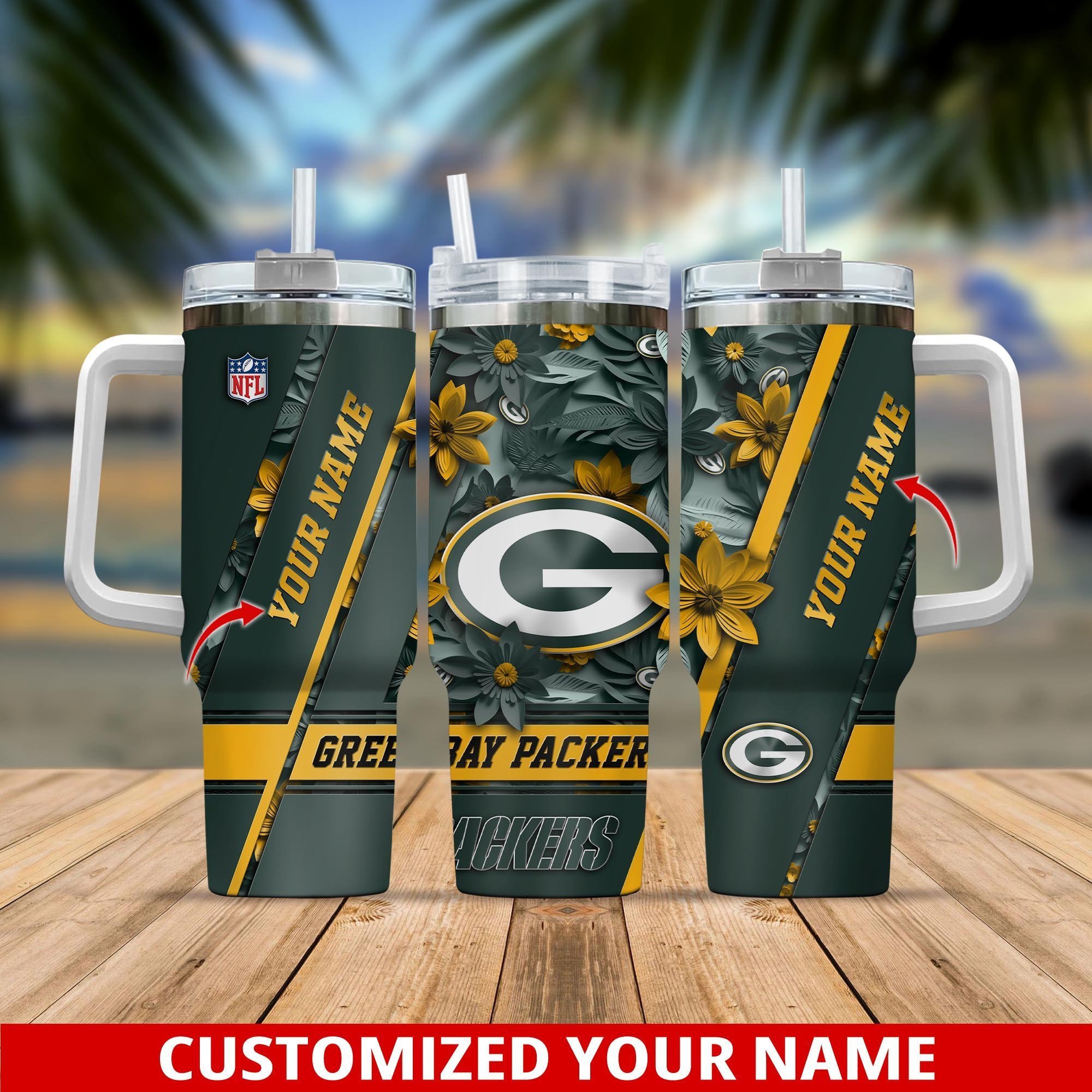 Green Bay Packers NFL Custom Stanley Quencher 40oz Stainless Steel Tumbler With Handle