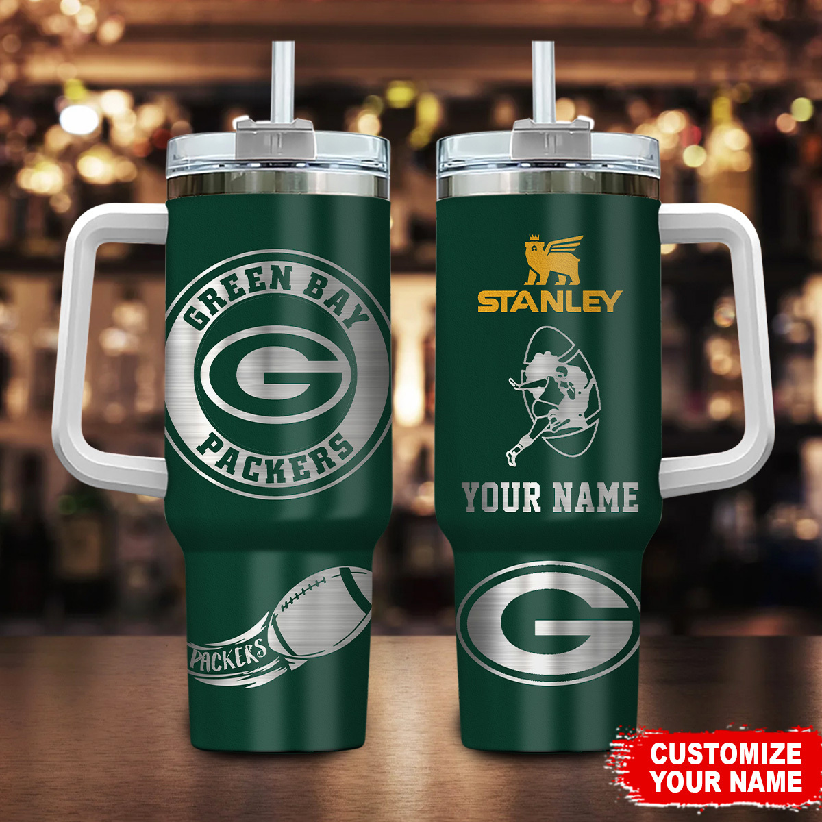 Green Bay Packers NFL Custom Stanley Quencher 40oz Stainless Steel Tumbler With Handle