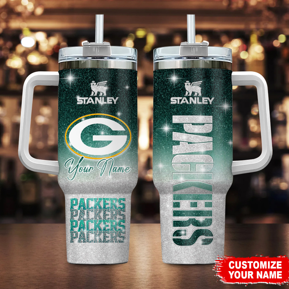 Green Bay Packers NFL Custom Stanley Quencher 40oz Stainless Steel Tumbler With Handle