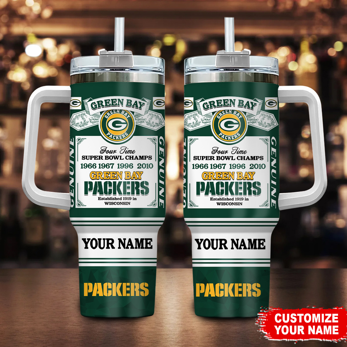 Green Bay Packers NFL Custom Stanley Quencher 40oz Stainless Steel Tumbler With Handle