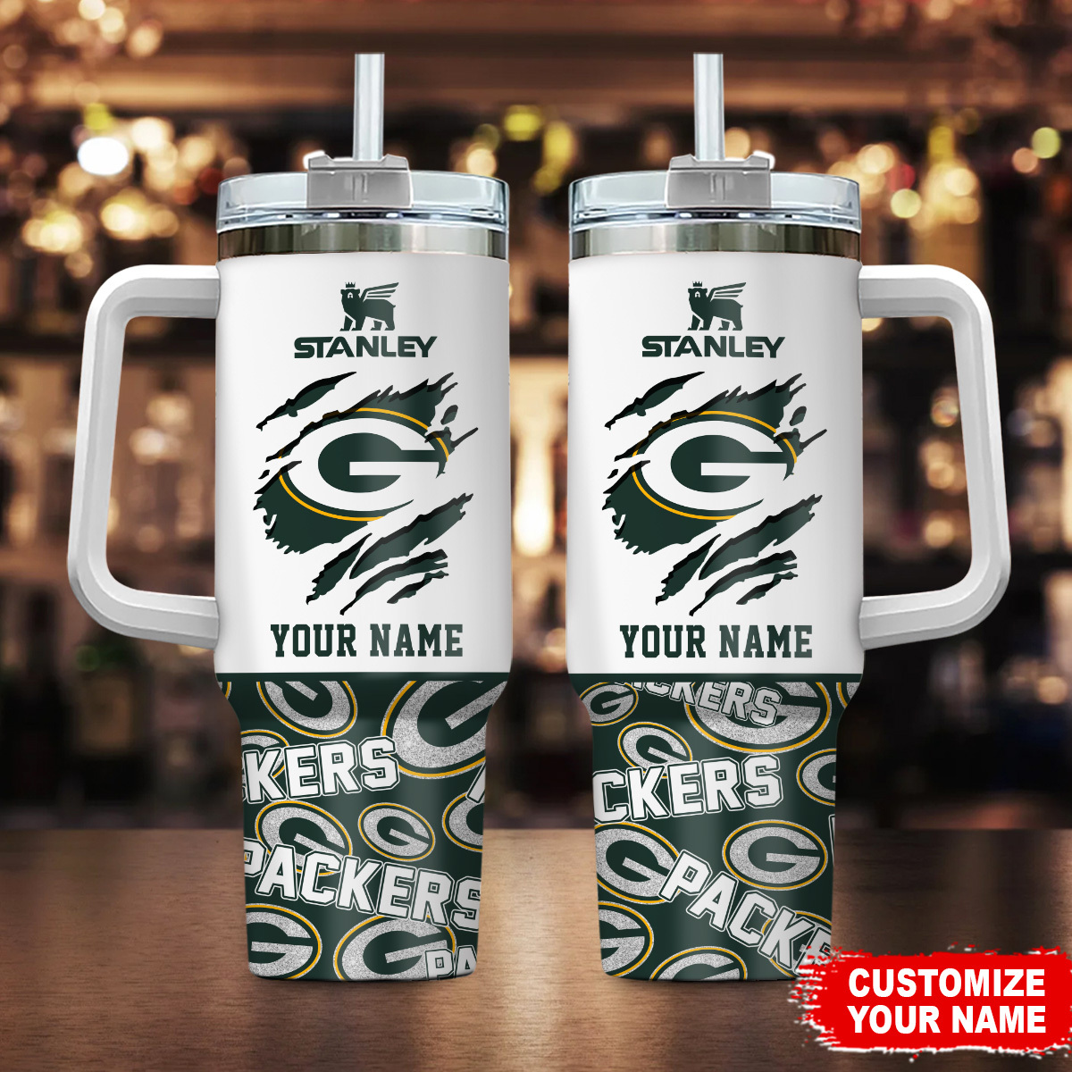 Green Bay Packers NFL Custom Stanley Quencher 40oz Stainless Steel Tumbler With Handle