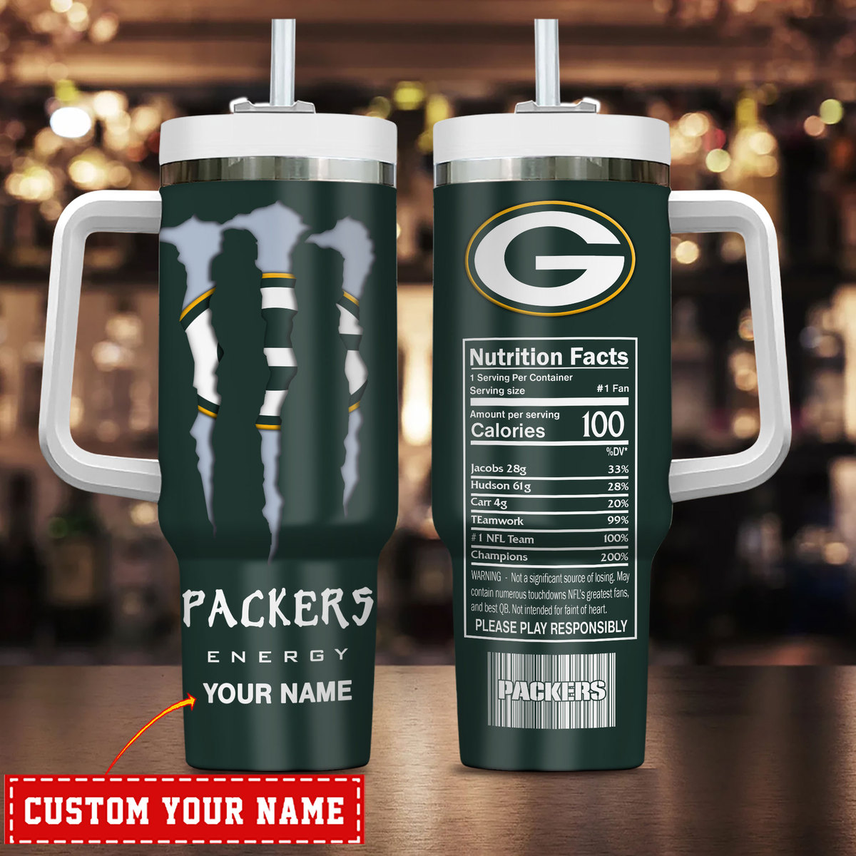 Green Bay Packers NFL Energy Nutrition Facts Custom Stanley Quencher 40oz Stainless Steel Tumbler With Handle