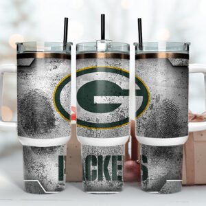 Green Bay Packers NFL Fingerprint Effect Custom Stanley Quencher 40oz Stainless Steel Tumbler With Handle