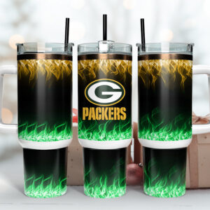 Green Bay Packers NFL Fire Effect Custom Stanley Quencher 40oz Stainless Steel Tumbler With Handle