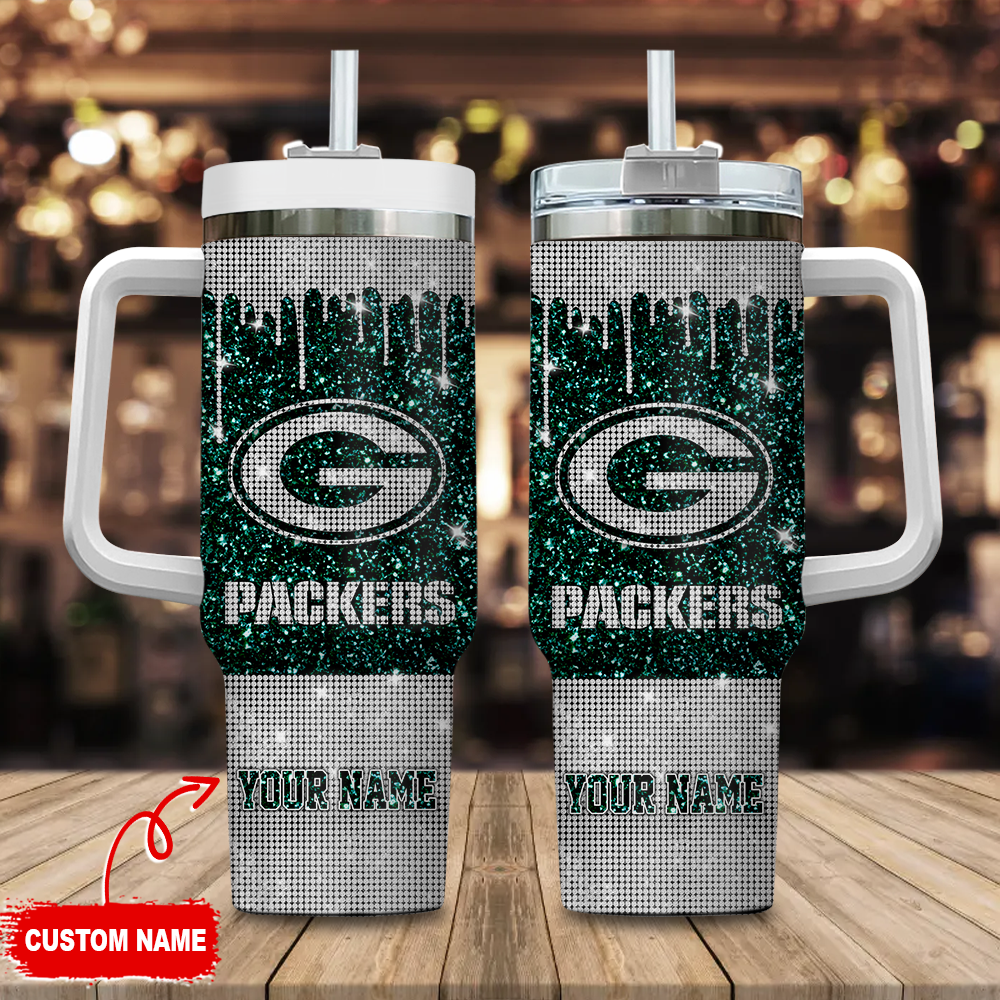 Green Bay Packers NFL Glitter Custom Stanley Quencher 40oz Stainless Steel Tumbler With Handle