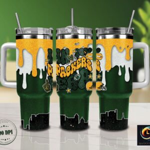 Green Bay Packers NFL Glitter Custom Stanley Quencher 40oz Stainless Steel Tumbler With Handle