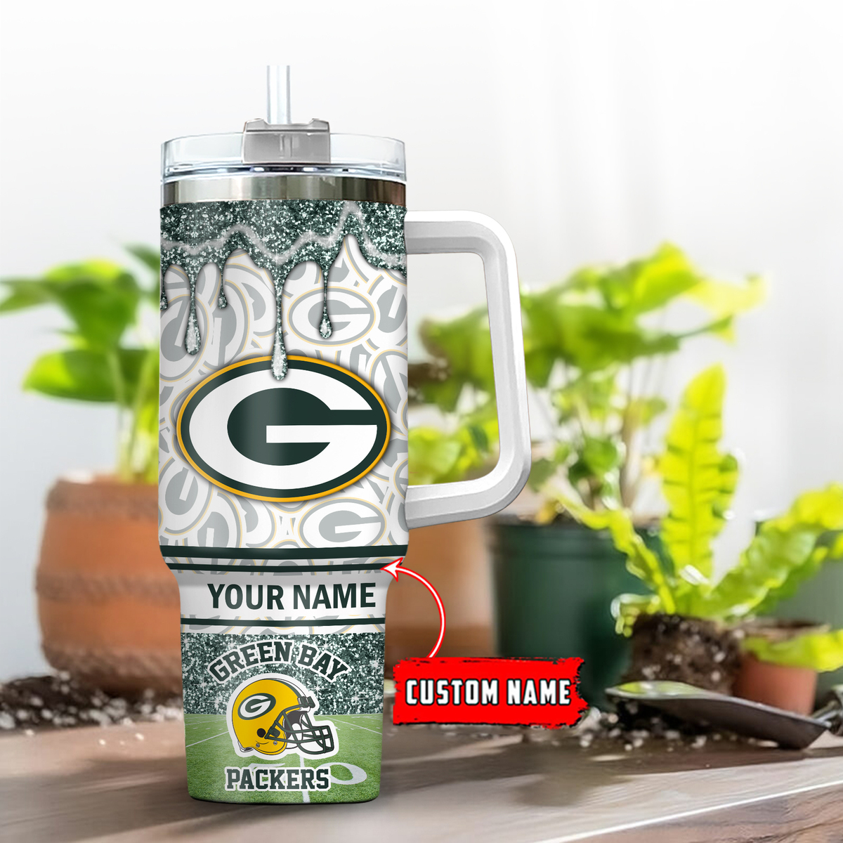 Green Bay Packers NFL Glitter Custom Stanley Quencher 40oz Stainless Steel Tumbler With Handle