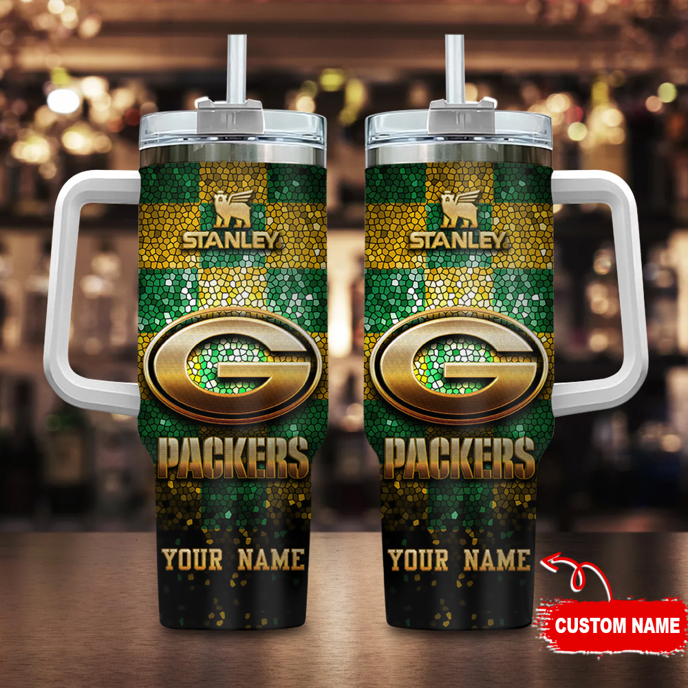 Green Bay Packers NFL Glitter Golden Logo Custom Stanley Quencher 40oz Stainless Steel Tumbler With Handle