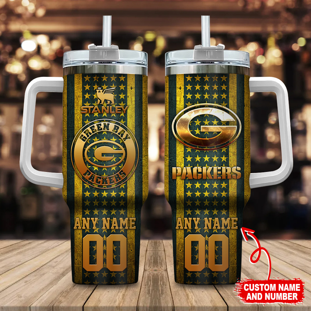 Green Bay Packers NFL Golden Logos US Flag Custom Stanley Quencher 40oz Stainless Steel Tumbler With Handle